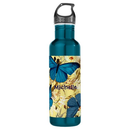 Blue Butterflies on Vintage Cream Floral Pattern Water Bottle