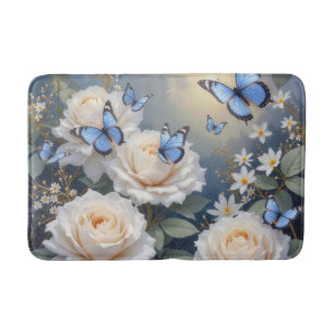 Blue Butterflies On White Roses and Daisies Bath Mat