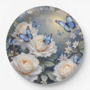 Blue Butterflies On White Roses and Daisies Paper Plates