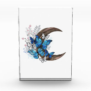 Blue butterflies on wooden crescent acrylic award