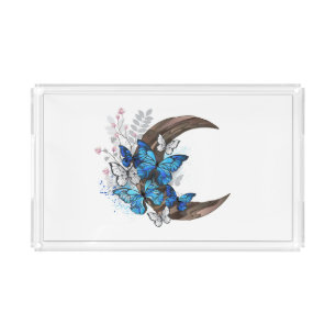 Blue butterflies on wooden crescent acrylic tray