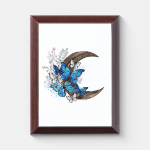 Blue butterflies on wooden crescent award plaque