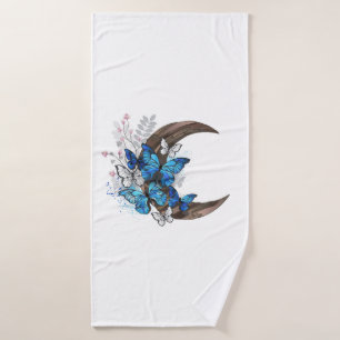 Blue butterflies on wooden crescent bath towel
