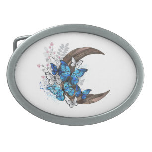 Blue butterflies on wooden crescent belt buckle