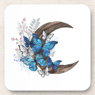 Blue butterflies on wooden crescent beverage coaster
