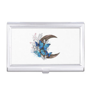 Blue butterflies on wooden crescent business card case