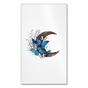 Blue butterflies on wooden crescent business card magnet