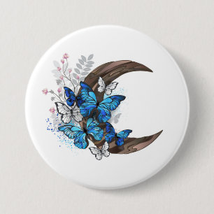 Blue butterflies on wooden crescent button