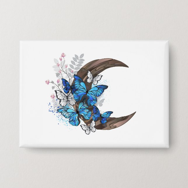 Blue butterflies on wooden crescent button (Front)