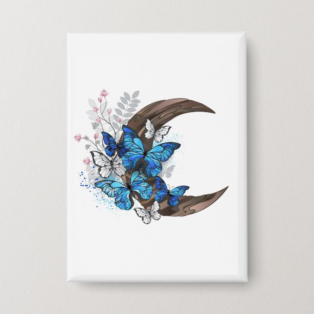 Blue butterflies on wooden crescent button (Front)