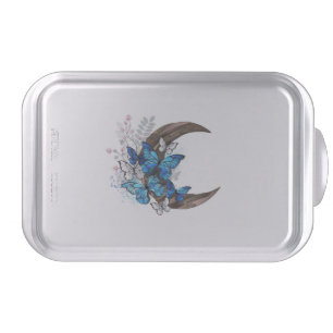 Blue butterflies on wooden crescent cake pan