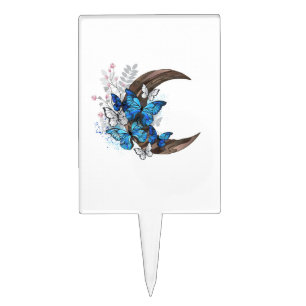 Blue butterflies on wooden crescent cake topper