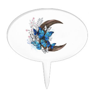 Blue butterflies on wooden crescent cake topper