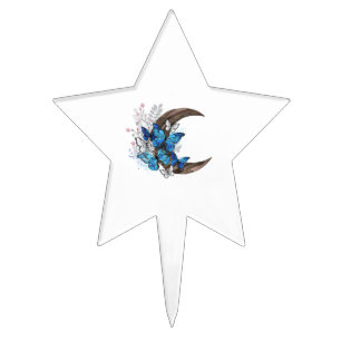 Blue butterflies on wooden crescent cake topper