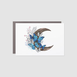 Blue butterflies on wooden crescent car magnet