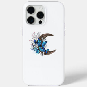 Blue butterflies on wooden crescent iPhone 15 pro max case