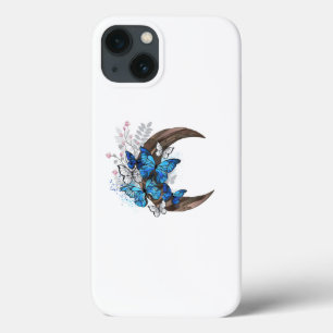 Blue butterflies on wooden crescent iPhone 13 case