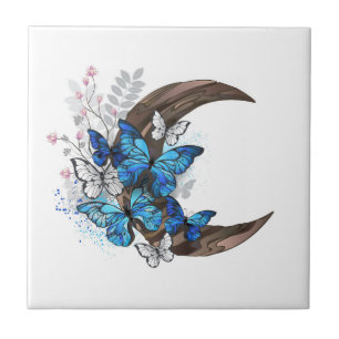 Blue butterflies on wooden crescent ceramic tile