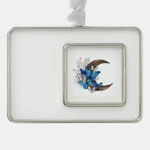 Blue butterflies on wooden crescent christmas ornament