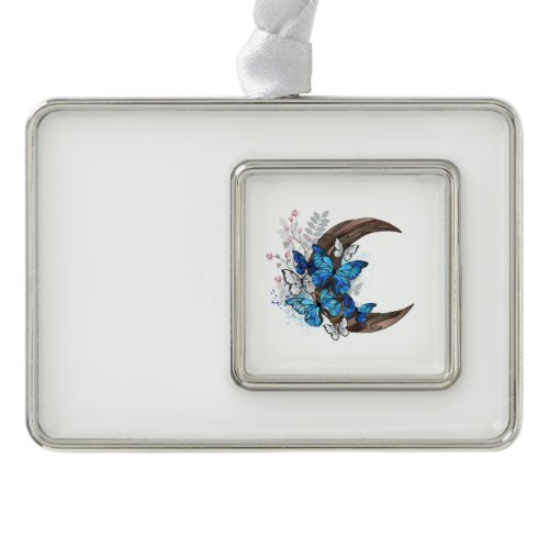 Blue butterflies on wooden crescent christmas ornament