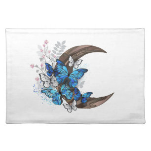 Blue butterflies on wooden crescent cloth placemat