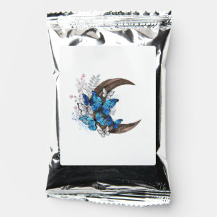 Blue butterflies on wooden crescent coffee drink mix