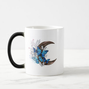 Blue butterflies on wooden crescent color morph mug