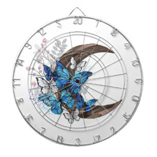 Blue butterflies on wooden crescent dart board
