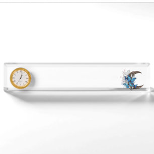 Blue butterflies on wooden crescent desk name plate