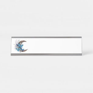 Blue butterflies on wooden crescent desk name plate