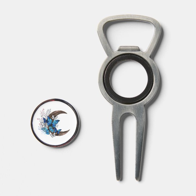 Blue butterflies on wooden crescent divot tool (Front (Open))
