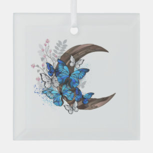 Blue butterflies on wooden crescent glass ornament