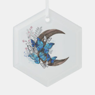 Blue butterflies on wooden crescent glass ornament