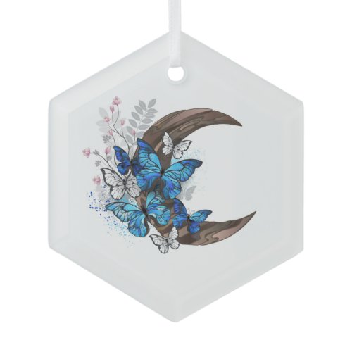 Blue butterflies on wooden crescent glass ornament
