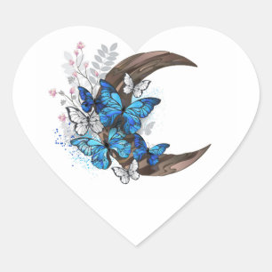 Blue butterflies on wooden crescent heart sticker