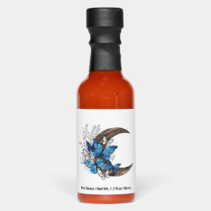 Blue butterflies on wooden crescent hot sauces