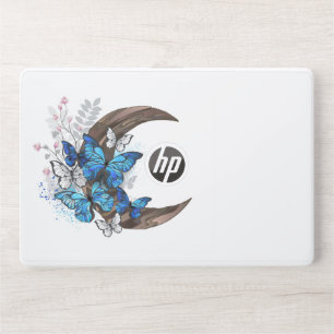 Blue butterflies on wooden crescent HP laptop skin