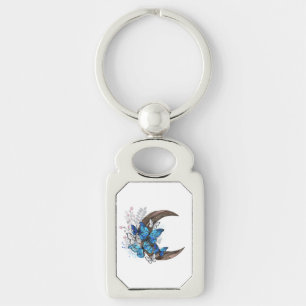 Blue butterflies on wooden crescent keychain