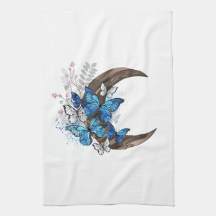 Blue butterflies on wooden crescent kitchen towel
