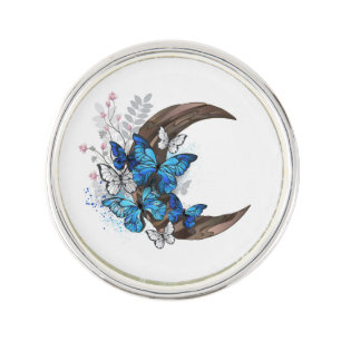 Blue butterflies on wooden crescent lapel pin