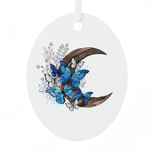 Blue butterflies on wooden crescent metal ornament