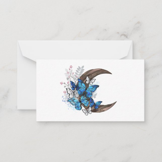 Blue butterflies on wooden crescent note card (Front)