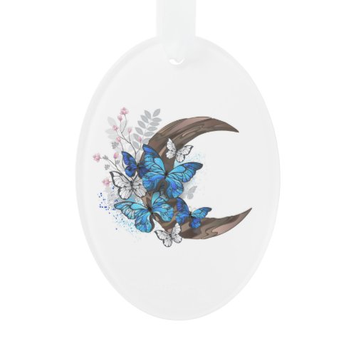 Blue butterflies on wooden crescent ornament