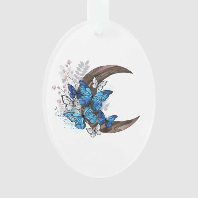 Blue butterflies on wooden crescent ornament (Front)