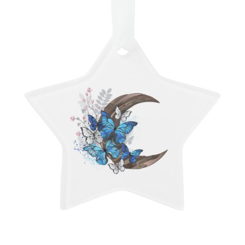 Blue butterflies on wooden crescent ornament