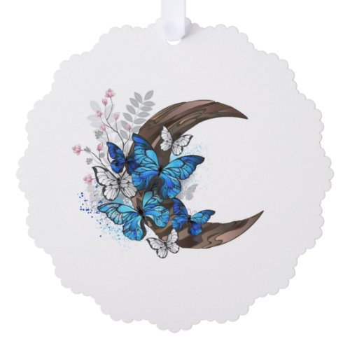 Blue butterflies on wooden crescent ornament card