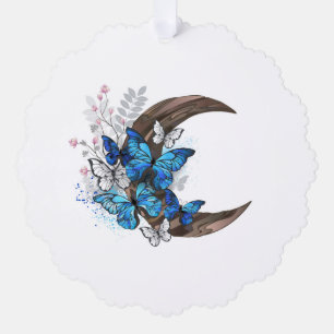 Blue butterflies on wooden crescent ornament card