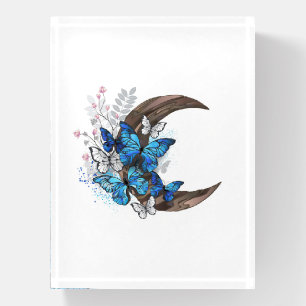 Blue butterflies on wooden crescent paperweight