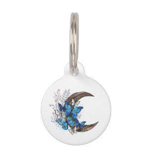 Blue butterflies on wooden crescent pet ID tag