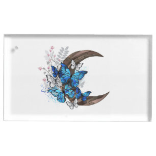 Blue butterflies on wooden crescent place card holder